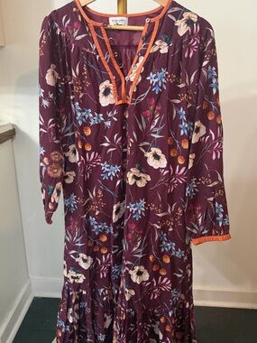 Olivia Rae Burgundy Floral Maxi Dress with Orange Trim